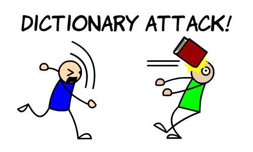 El primer comic de la sección de humor de clcert.cl. Una persona tirando un diccionario a otra y gritando dictionary attack!