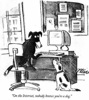 Imagen de un comic de The New Yorker del 5 de julio de 1993. Muestra a un perro delante de un monitor y un teclado de computador hablando con otro perro y diciéndole 'En la Internet, nadie sabe que eres un perro'.